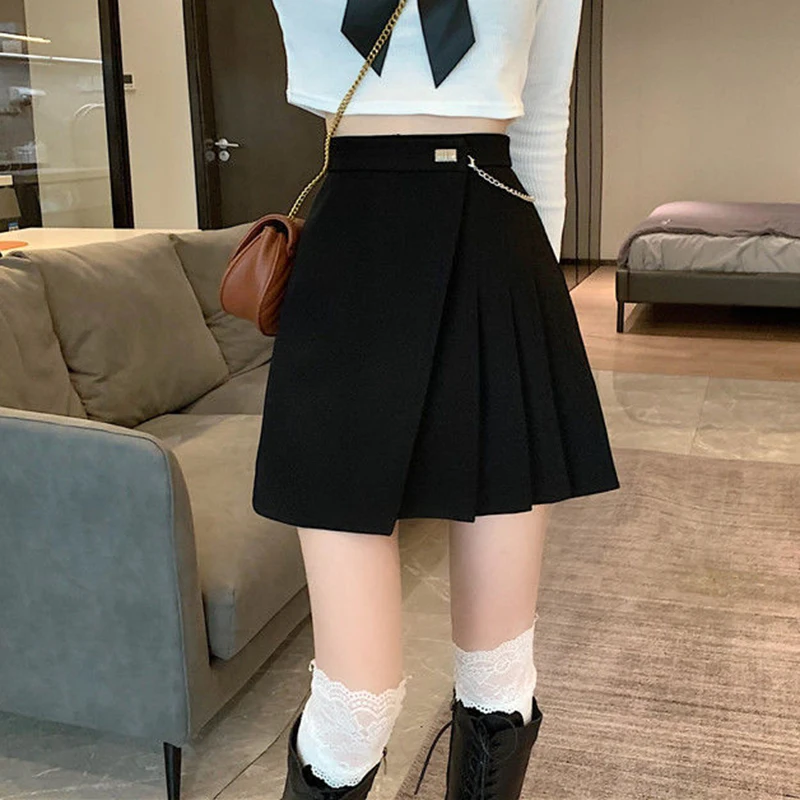 

Women Mini Skirt Korean Solid Preppy Style Folds Chain Chic New Female Skirt Summer High Waist All Match New Ladies A Line Skirt