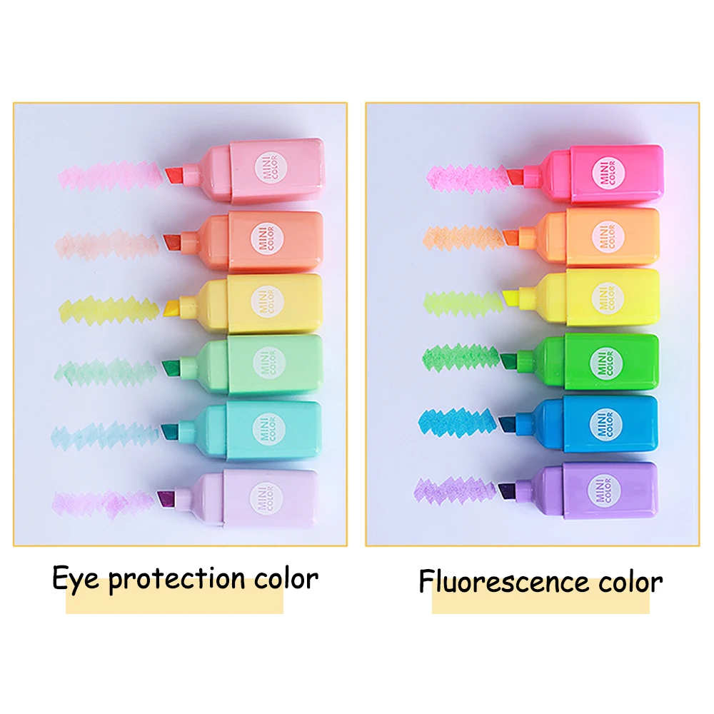 6Pcs Cartoon Color Mini Highlighter Soft Tip Pens Color Marker Pen Fluorescent Pen School Office Supplies Student Stationery