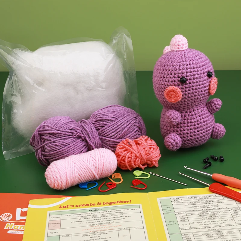 KRABALL Penguin Dinosaur DIY Animal Beginners Knitting Kit Adults and Kids Crochet Hook Accessories and Instructions