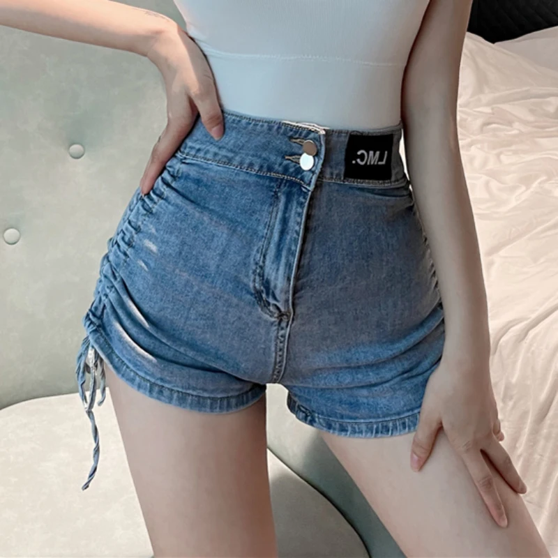 patchwork jeans JMPRS Sexy Women Skinny Denim Shorts Summer High Waist Tie Up Button Short Jeans Korean Slim Fashion Blue Female Jeans New patchwork jeans