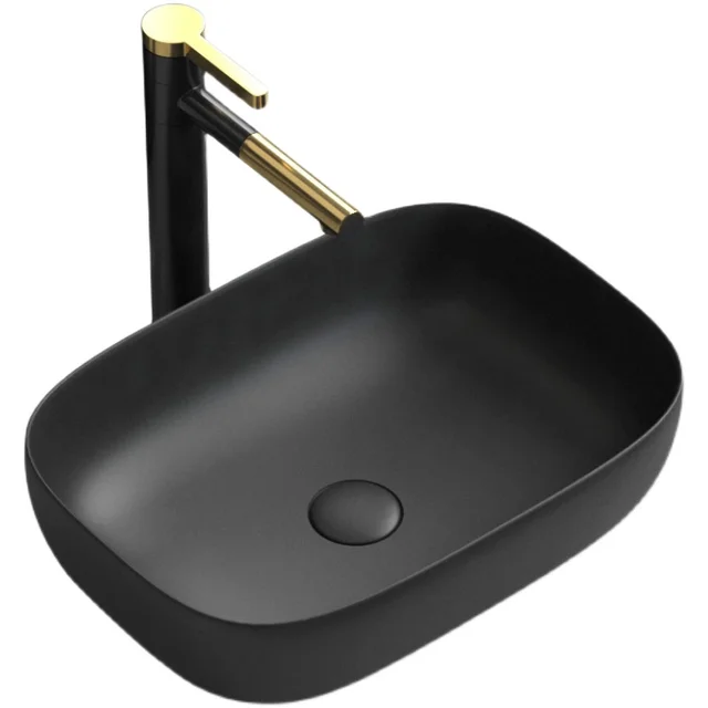 อ่างล้างหน้าเซรามิกสีดำแบบตั้งโต๊ะ ขนาด 46x37 ซม. สำหรับห้องน้ำ ระเบียง อ่างล้างหน้าเดี่ยว อ่างล้างหน้าแบบศิลปะ 5
