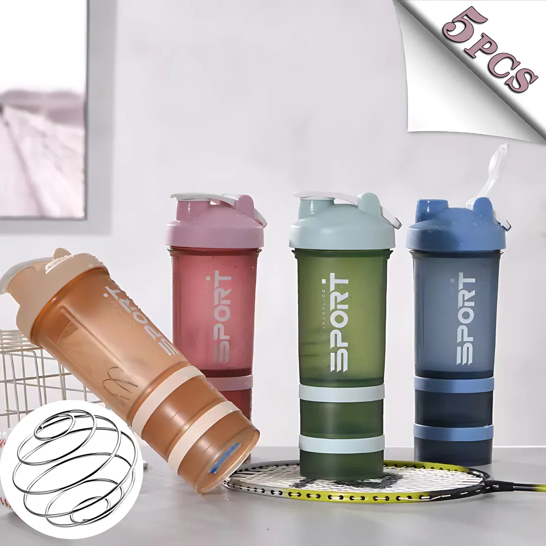 450ml Plastic Water Bottle Three Layer Protein Powder Shaker Large Capacity Stirring Cup Portable Exercise Shaker Spring Cup