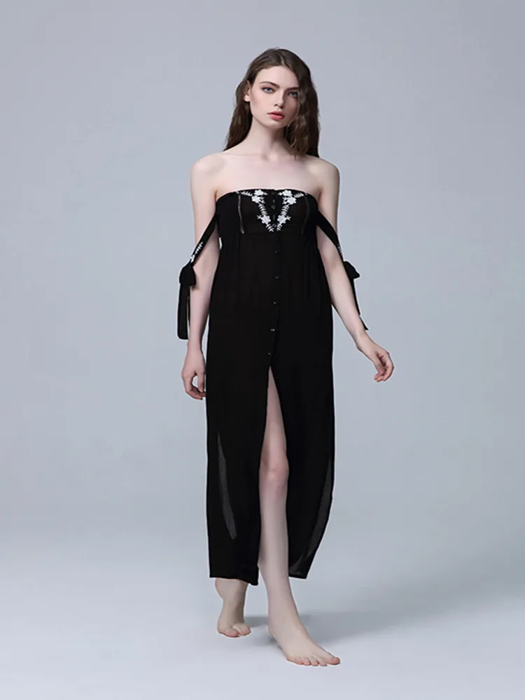 

DALMAZZO Bohemian Embroidery Chest Wrapping Long Dress 2023 New Summer Women Slash Neck Sleeveless Single Breasted Maxi Vestidos