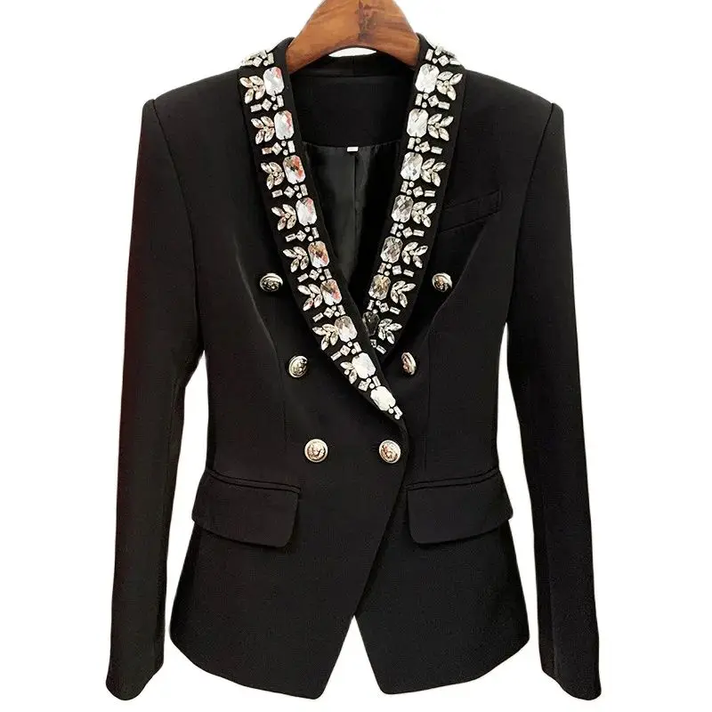 

2024 Women's Modern Blazers Metal Lion's Head Buckle Heavy Beadwork Shawl Collar Slim-fit Suit Ladies spring New in Jackets