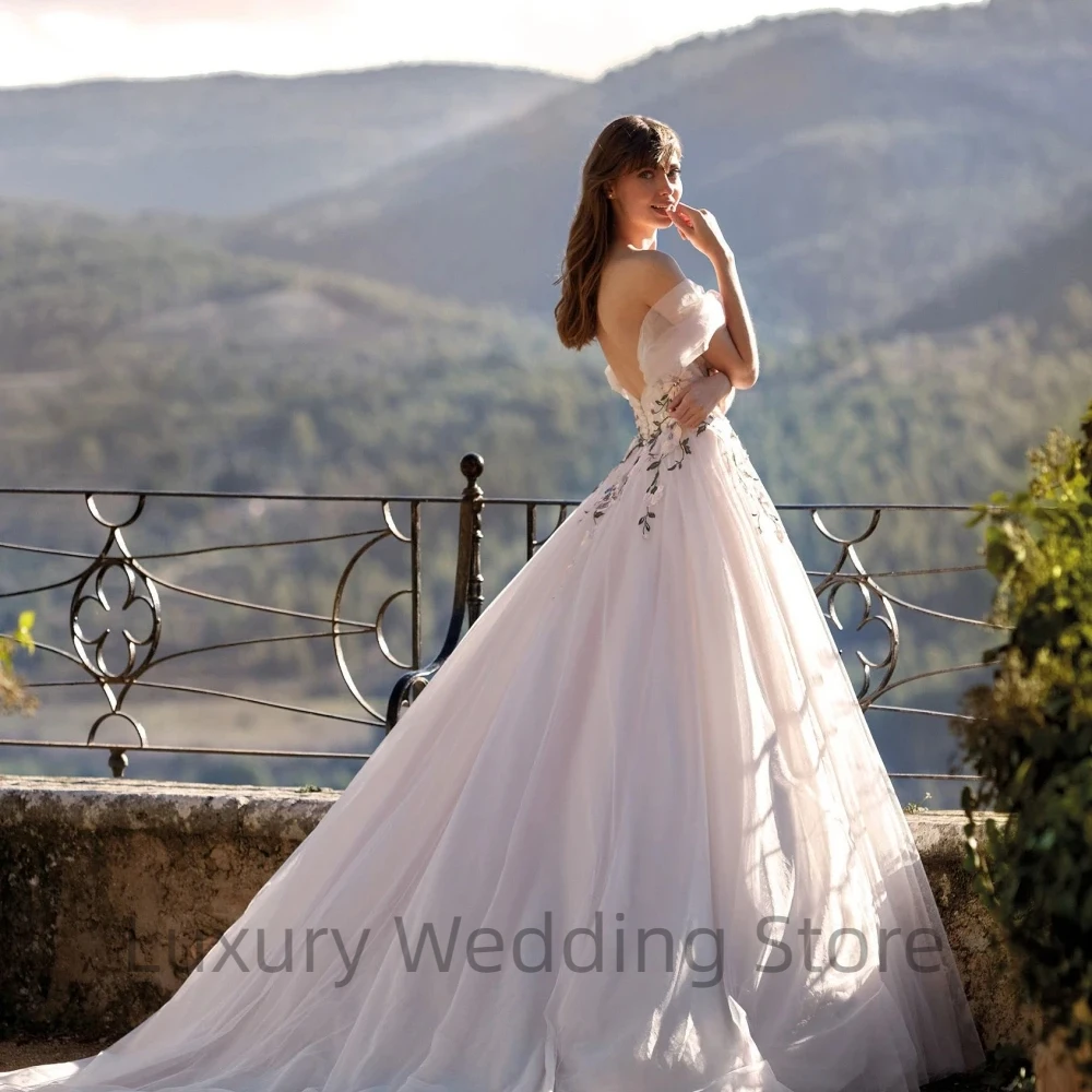 Luxus neue elegante lange Brautkleid von der Schulter klassische V-Ausschnitt Applikationen Brautkleider einfache A-Linie Vestido de Novia – Detail 3