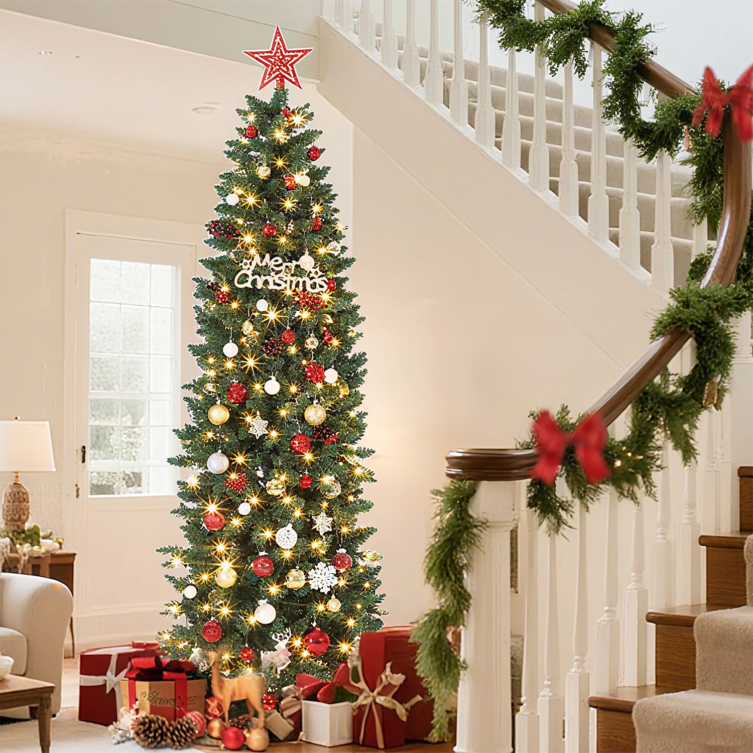 6/7.5/9/12FT Pre-Lit Pencil Slim Artificial Christmas Tree with LED Lights – Realistic Xmas Tree for Indoor & Outdoor Decor