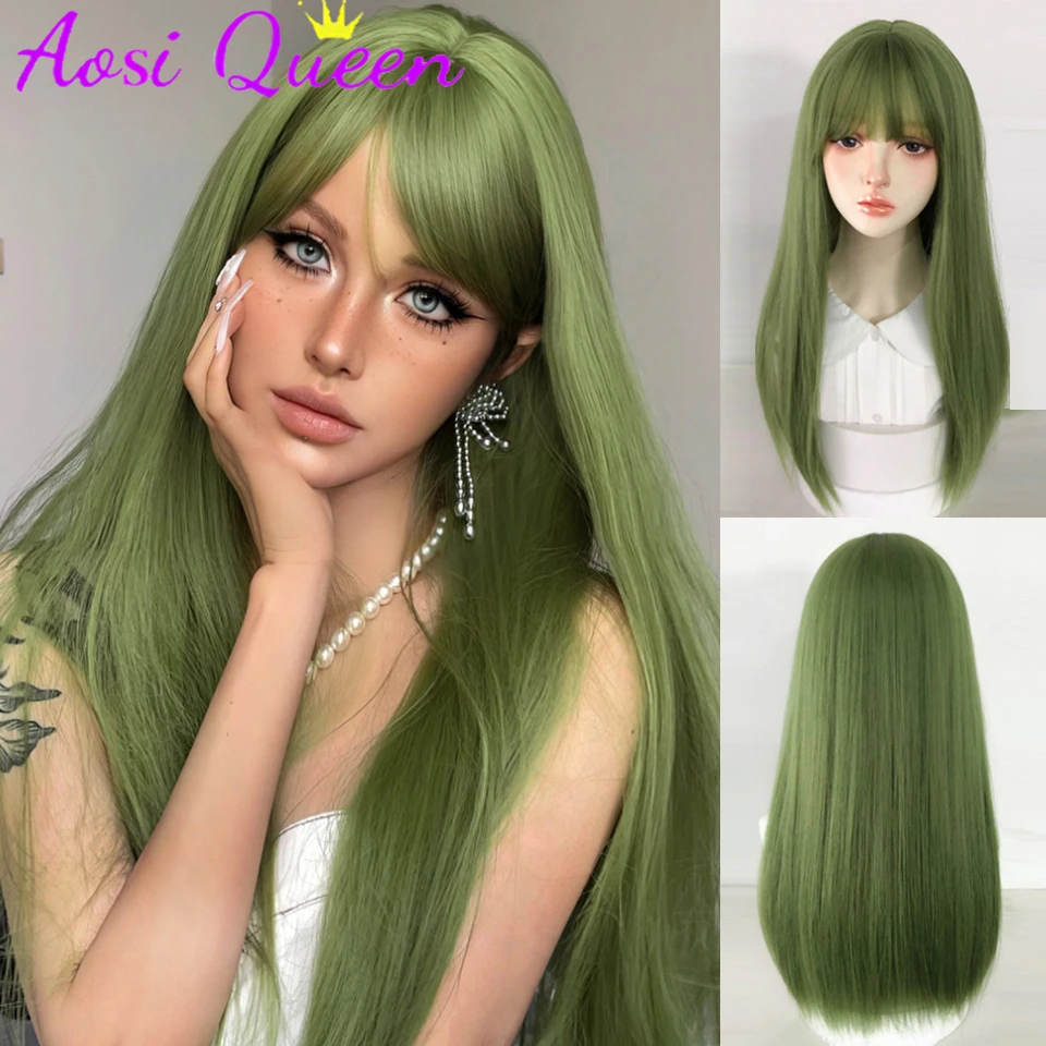 AOSI 20 pollici frutta verde capelli lunghi lisci con frangia parrucca  sintetica per capelli lunghi lisci resistenti al calore - AliExpress, image size:960x960