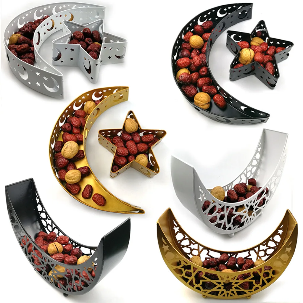 

Unique Metal Tray with Star and Moon Design Islamic Festival Iron Plate with Intricate Cutouts - Stylish Home Décor