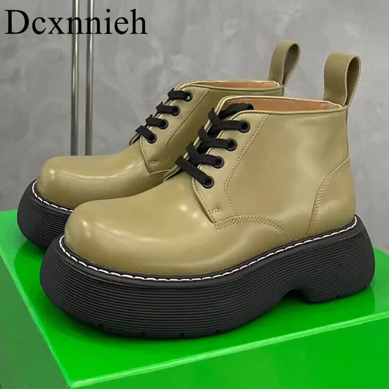 

Autumn Genuine Leather Thick Sole Heightened Solid Color Ankle Boots Women's Retro British Style Big Head lace up Short Boots