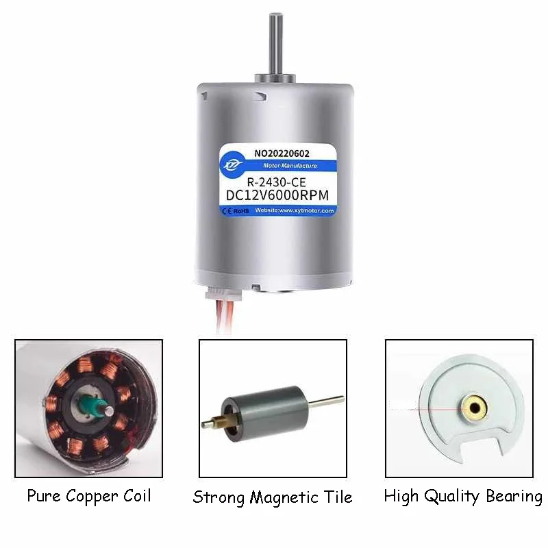 Vue en gros plan du Moteur CC sans balais R-2430 12V/24V 6000 tr/min, détails de l'axe et du boîtier