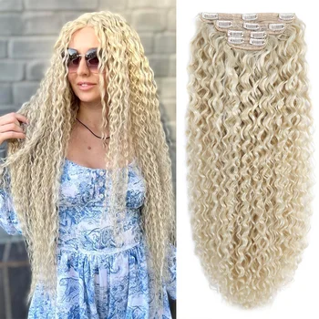 Synthetic Water Wave Clip in Hair Extension Organic Fiber 28inch Blonde Fake Hair Long Thick Hairpieces Full Head Hair for Women 1