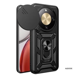 Shockproof Armor Case with Slide Camera Protection and Ring Stand for Honor X70 5G (Black)