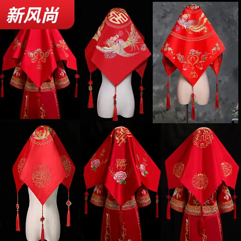 

Large size bridal hijab Chinese style Xiuhe wedding dragon and phoenix embroidery wedding red hijab high-end new style
