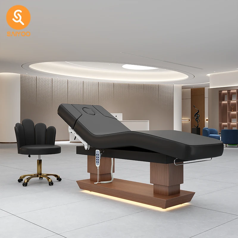 Luxurious Black Leather Facial Bed with Stainless Steel Wood Grain Base and LED Light