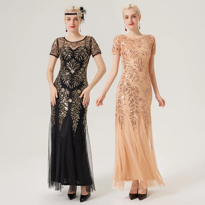 

2023 New Women's Sexy Evening Dress Elegant Sequined Slim Fit Dress Women's Vintage Short Sleeve round-Neck High Waist Dress