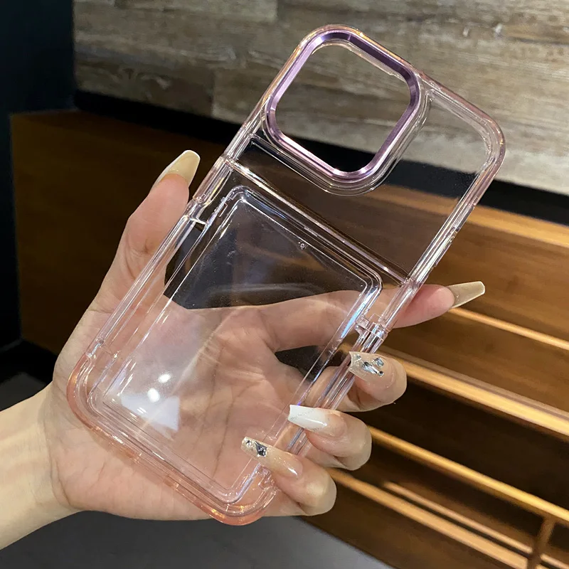 Transparent Flip Card Wallet Holder Case - Shockproof Acrylic Hard Back Cover with Stand