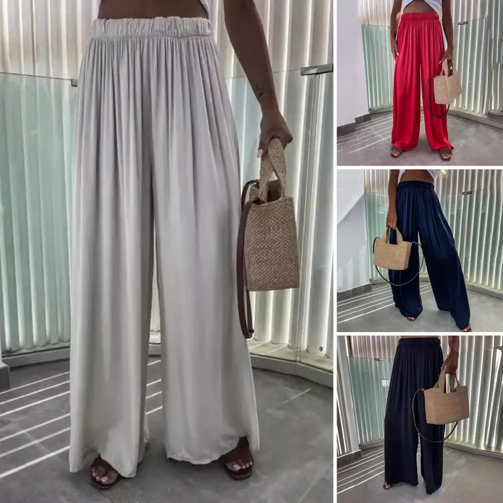 

Casual Trousers Sporty Loose Fit Women's Wide Leg Pants Mid-rise Elastic Waist Solid Color Trousers for Summer Floor Length