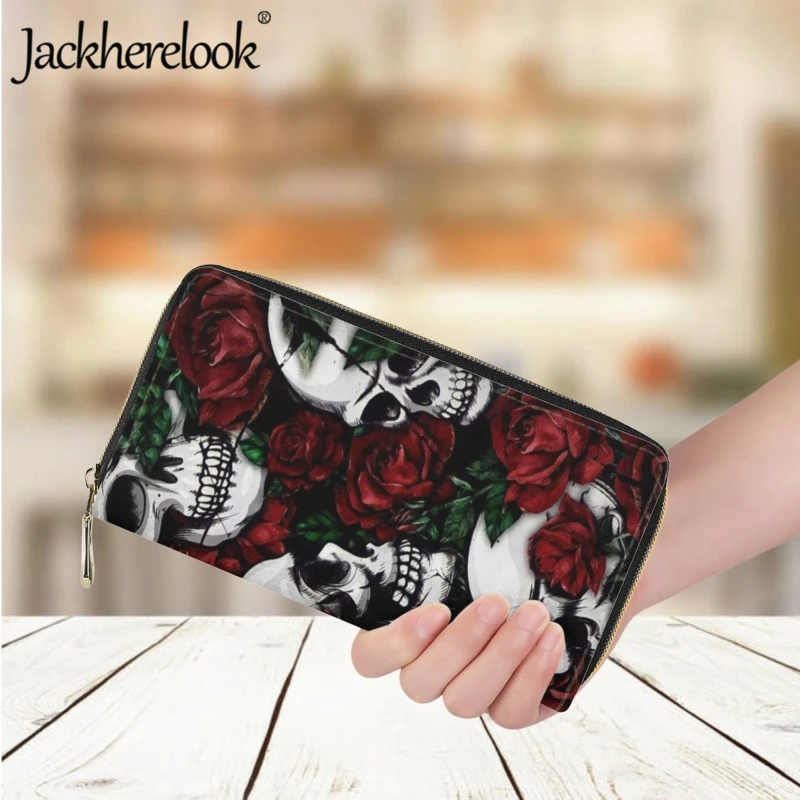 Jackherelook Women's Wallet Leather Luxury Long Purse Bank Card Holder Skull Rose Print Teen Girls Trend Money Bag Coin Pocket