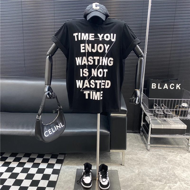 

Новинка 2022, модная дизайнерская футболка в новом стиле с геометрическим принтом и наплечниками, Повседневная Свободная футболка, универсальный топ с круглым вырезом