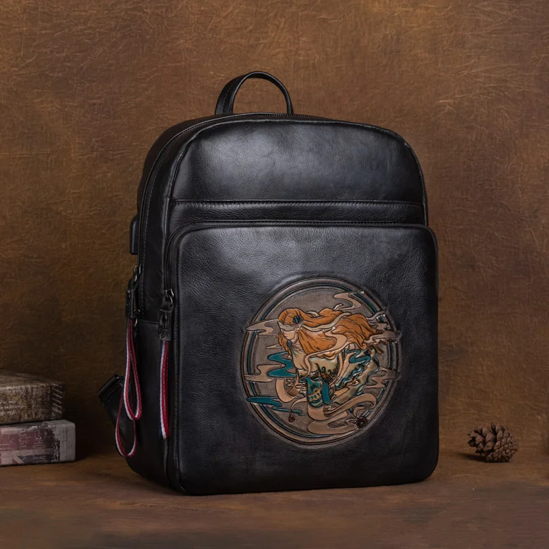 

Retro Women Backpack Green 2022 New Soft Cowhide Hand-carved Genuine Leather Luxury Bags Girls Backpacks