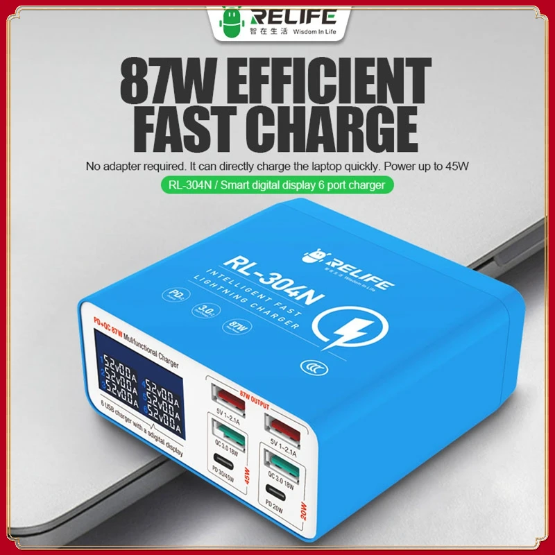 

RELIFE RL-304N 87W PD+QC 3.0 USB Charger with LCD Display 6 Ports Desktop Mobile Phone Charger Smart Fast Charging for Tablet PC