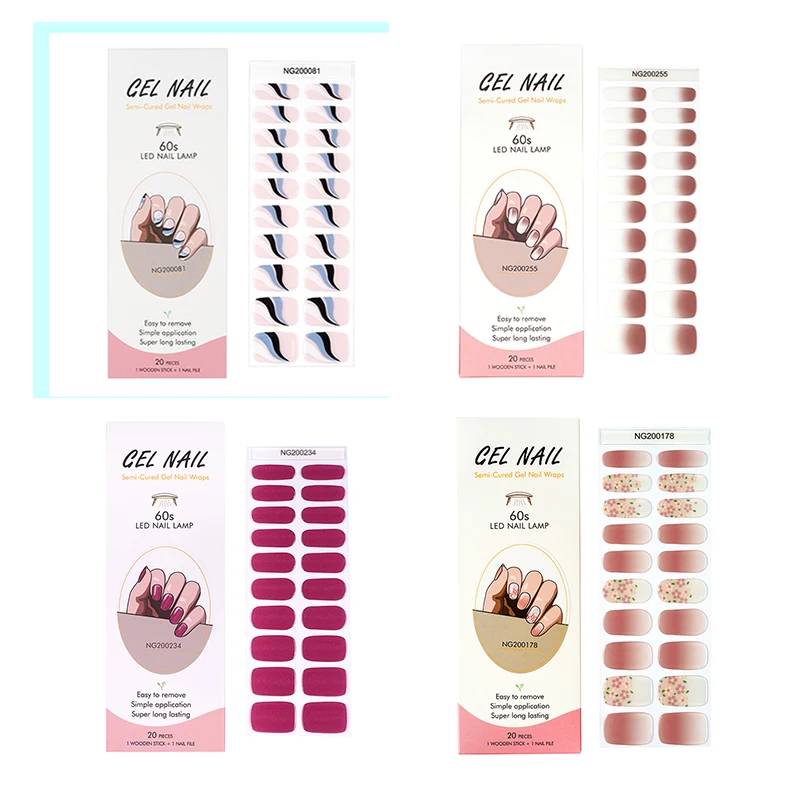Nude Semi-Cured Gel Nail Patch Slider Adhesive Waterproof Long Lasting Aurora Full Cover Gel Nail Sticker UV Lamp Needed 20Tips