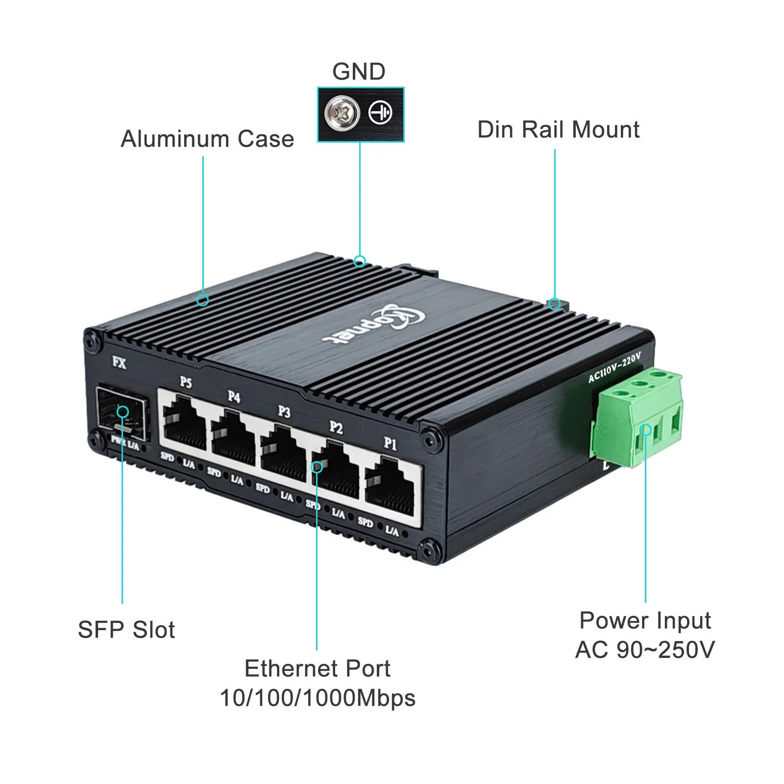 Industrial 6 Ports Gigabit Ethernet Switch 90~250V AC Input 5 Port RJ45 + 1 SFP Network Switch Din Rail Mount Ethernet