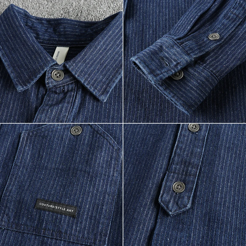 Denim Shirt Fashionable men's vintage washed pinstripe denim long-sleeved shirt spring and autumn American cargo casual denim shirt,long sleeved shirt