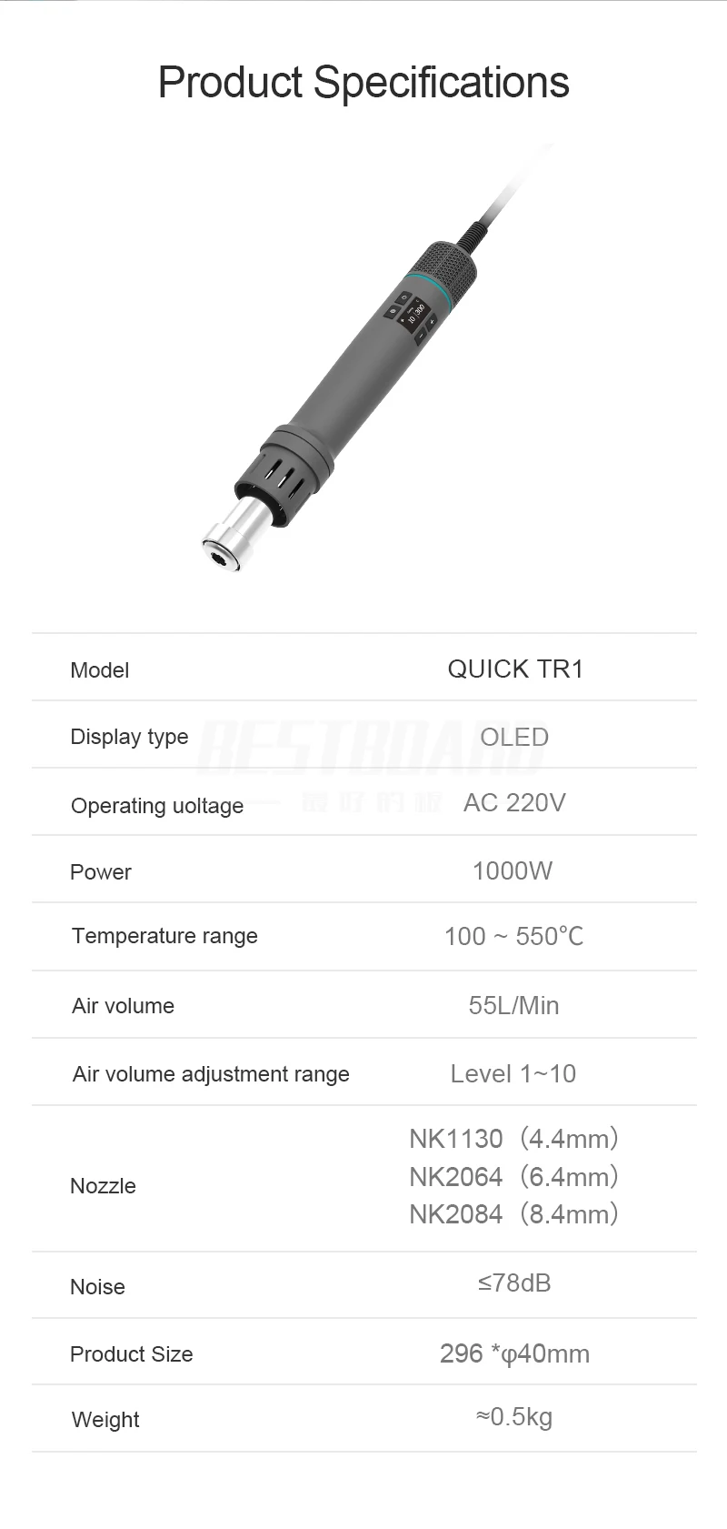 QUICK TR1 고출력 스마트 휴대용 에어건, 1000W, 60,000 rpm, 고효율, 선풍기 균일 가열, 안정적인 열풍 스테이션