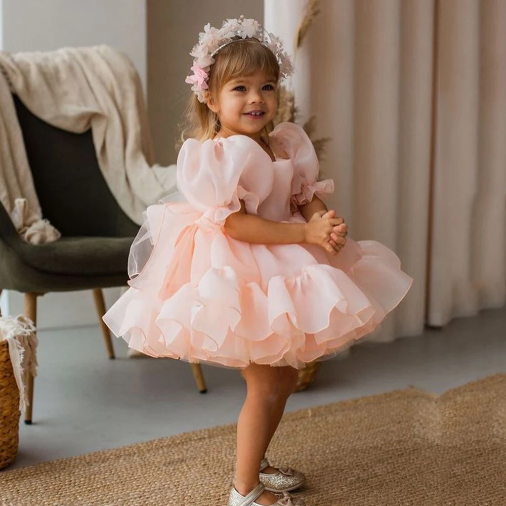 Cute Baby Girl Organza Flower  Dress Princess Party Gown Short Sleeves O Neck Puffy Birthday Communion Dresses for Christmas