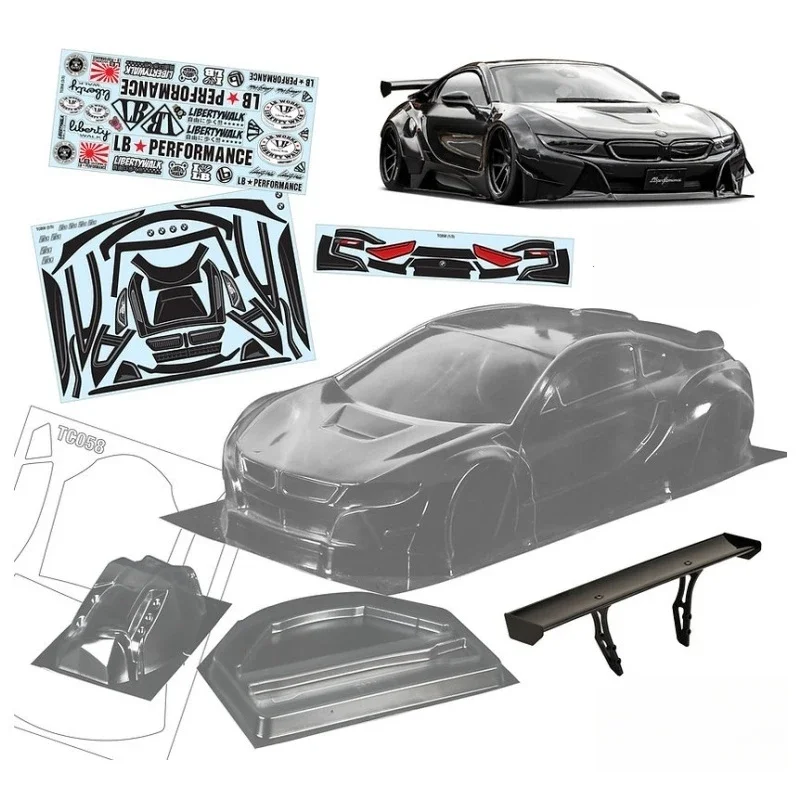 

On road car 1/10 BMWW i8 Clear Body shell W/ Rear spoiler + Light Buckle & Mirrors for Rc drift car 257mm Tamiya tt02 Chassis