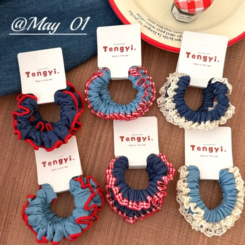 2-teiliges Damen-Haargummi-Set aus Denim mit Koreanischer Spitze, Niedliche Süße Hochelastische Haarbänder, Hochwertiges Haaraccessoire – Detail 4