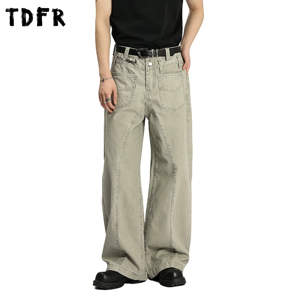 Retro Cargo Jeans Mens Spliced Washed Distressed Streetwear Loose Straight Denim Pants Men