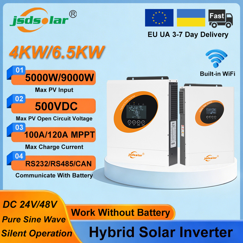 Jsdsolar 4KW 6.5KW 24V 48V Hybrid Solar Inverter 230VAC Pure Sine Wave On/Off Grid Inverter MPPT 100A/120A Solar Charger PV 500VDC Max PV 9000W Dual AC Output With WiFi For Home Solar Energy Storage System