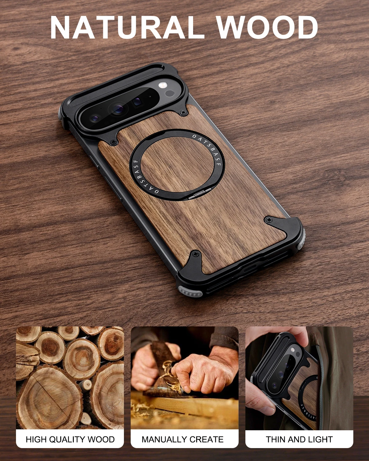 Oatsbasf Solid Wooden Phone Case with 360° Rotatable Stand and Magsafe, Frameless Shockproof Design