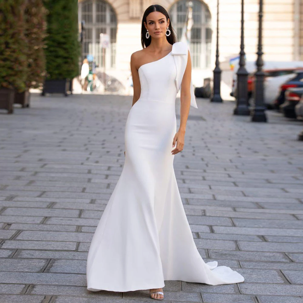 

Ramanda One Shoulder Sleeveless Simple Wedding Dress For Women With Bow 2024 Mermaid Spandex Bridal Gown Zip Back Robe De Mariée