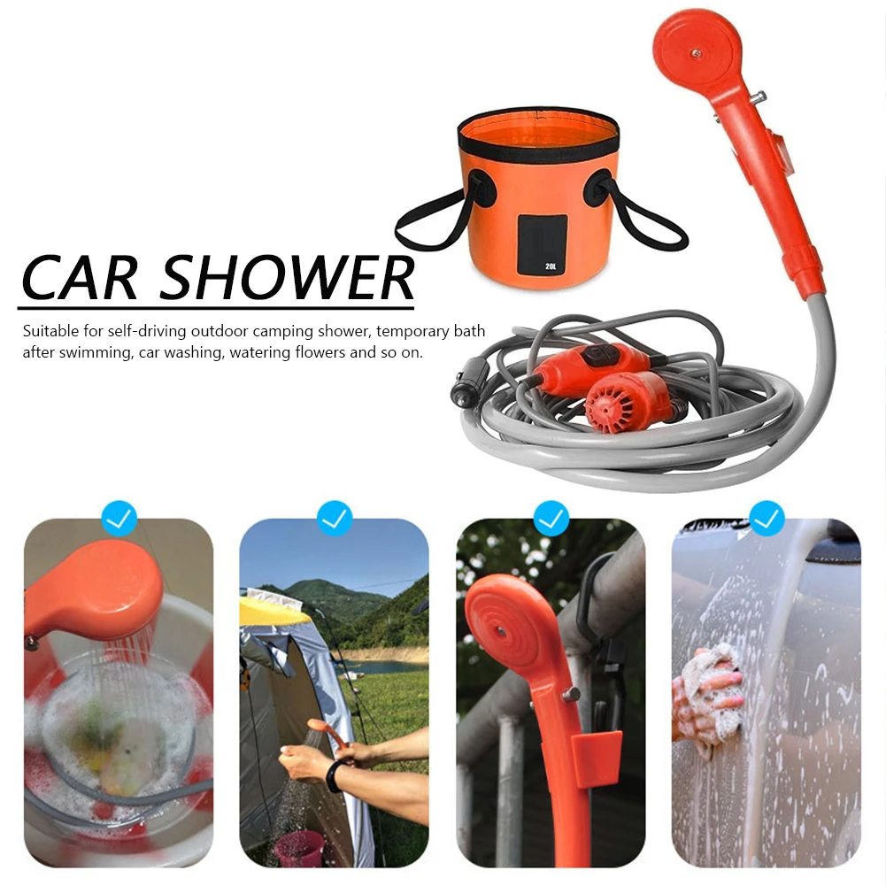Camping Shower with 20L Water Bucket 12V Pump Hiking Travel Outdoor Electric Bath Show Plant Watering Car Washer Pet Cleaning