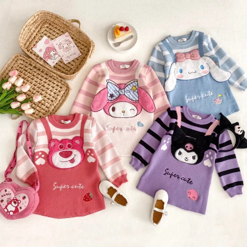 

Anime Sanrio My Melody Kuromi Cinnamoroll Girl Sweater Dress Autumn Winter Cartoon Round Neck Knitting Long Sleeves Strap Dress
