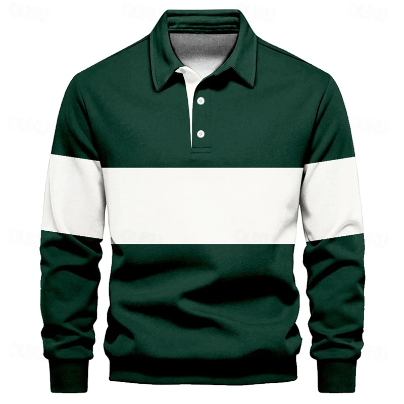 Polo da uomo a righe moda semplice casual autunno manica lunga polo da golf stampata in 3D top larghi e traspiranti con risvolto - immagine 5
