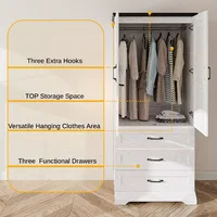 Armoire avec éclairage à détecteur et 3 tiroirs, placard de chambre en bois avec 2 portes et tringle de suspension 3
