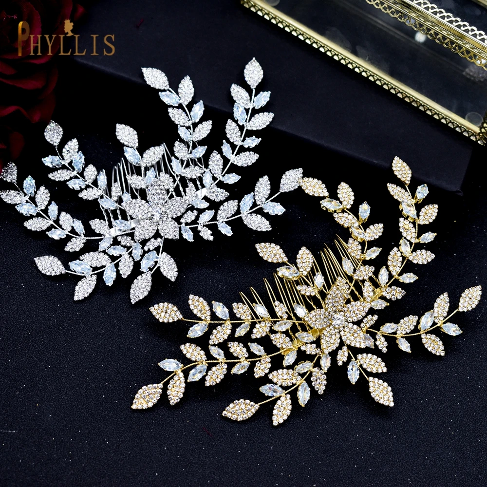 A53 Leaf Shape Silver Color Bridal Hair Combs 2022 Rhinestone Wedding Headpiece Vintage Style Bride Tiaras Women Hair Jewelry