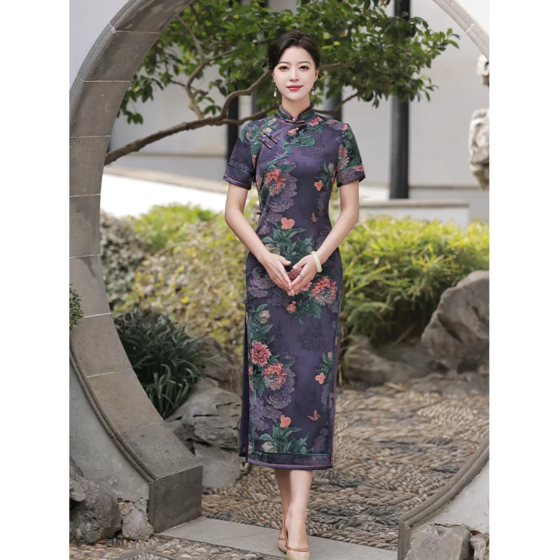 

Traditional Broadside Short Sleeve Printed Satin Handmade Button Long Cheongsam Women Chinese Style Wedding Qipao Dress