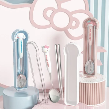 Sanrio Cinnamoroll Chopsticks and Spoon Set Student 304 Stainless Steel My Melody Office Worker Portable Cutlery Box