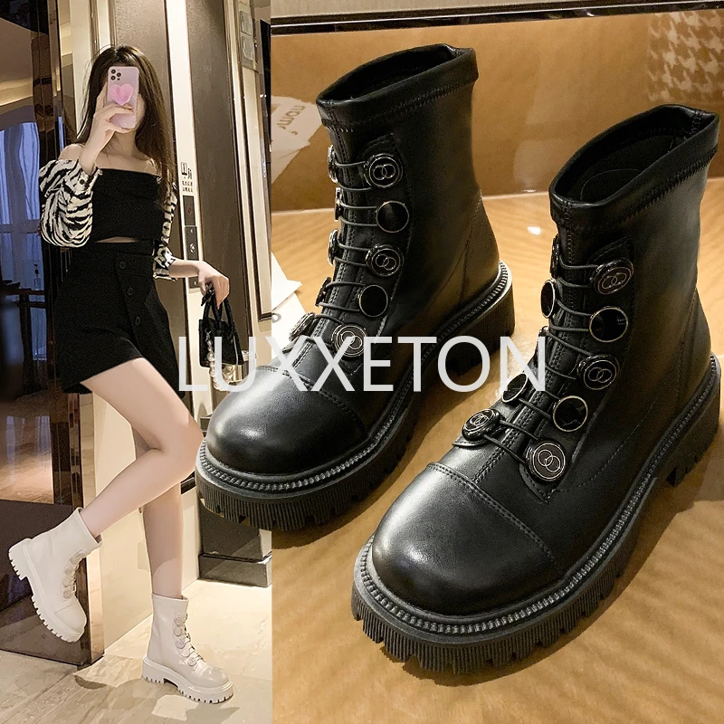 2024 New Round Headed Thick Sole Back Zipper Elastic Short Boots with Inner Height Increase Women's Medal Button Slim Leg Boots