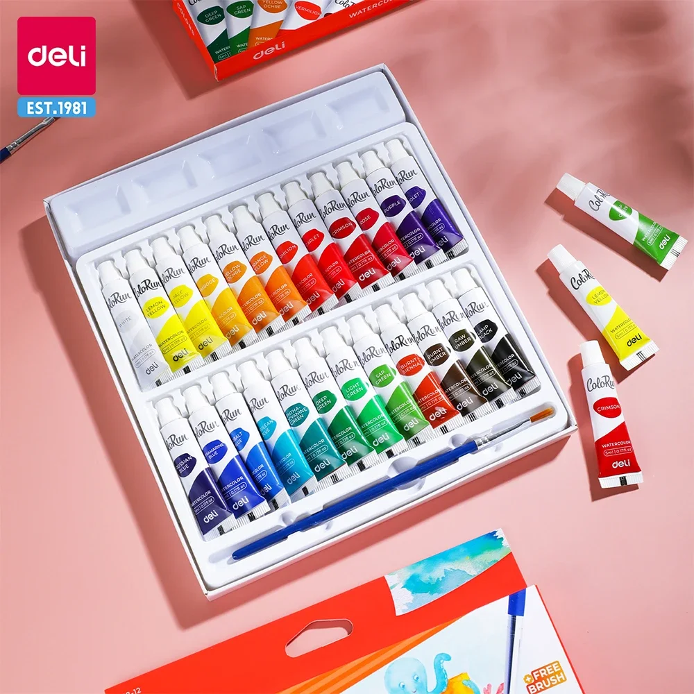 Deli 12/24 Colors Watercolor Set 5ml Solid Acuarelas Professional Watercolors Paniting Tool for Students Drawing Art Supplies