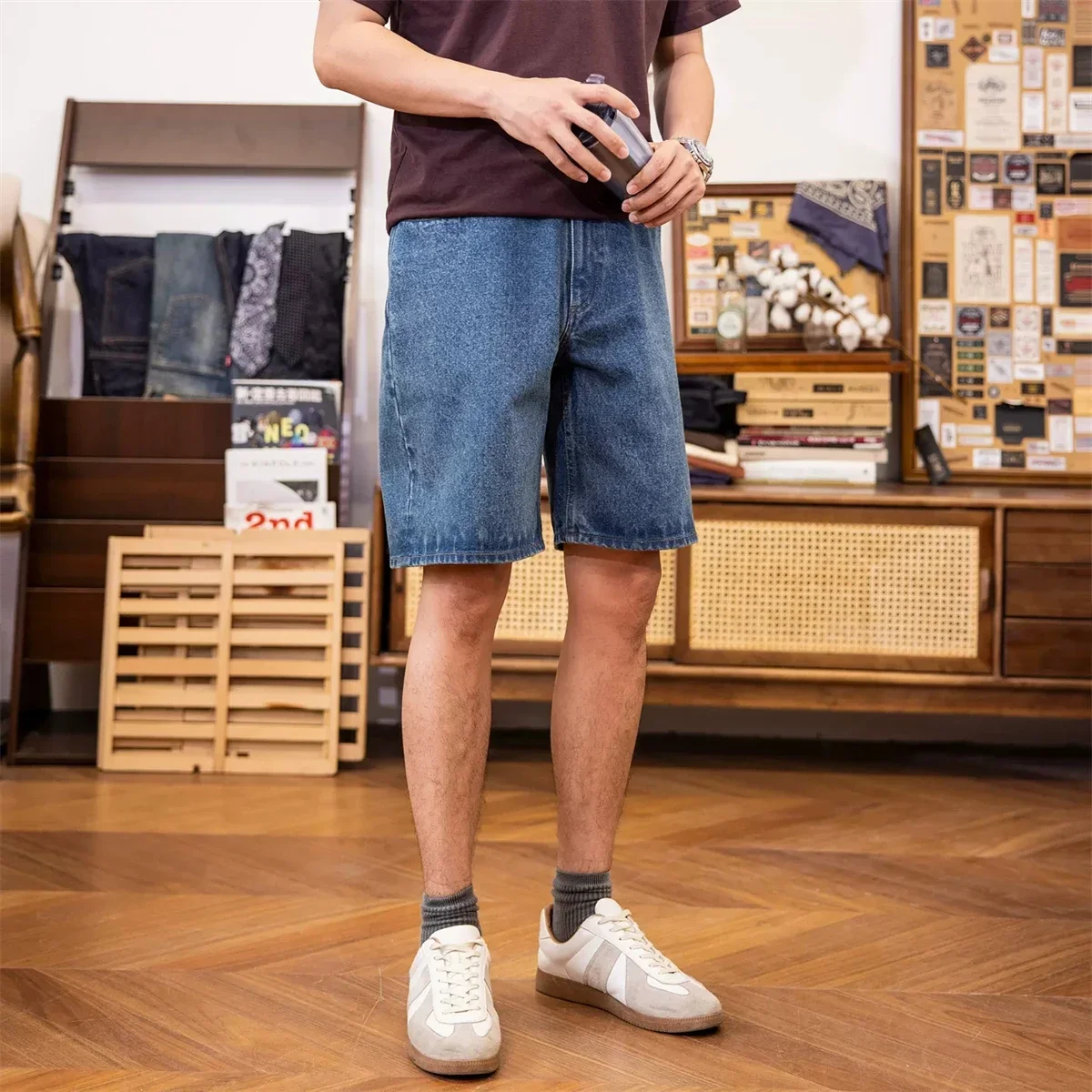 Red Tornado Casual Denim Shorts Loose Straight Fit Vintage Workwear Men's Jean Short