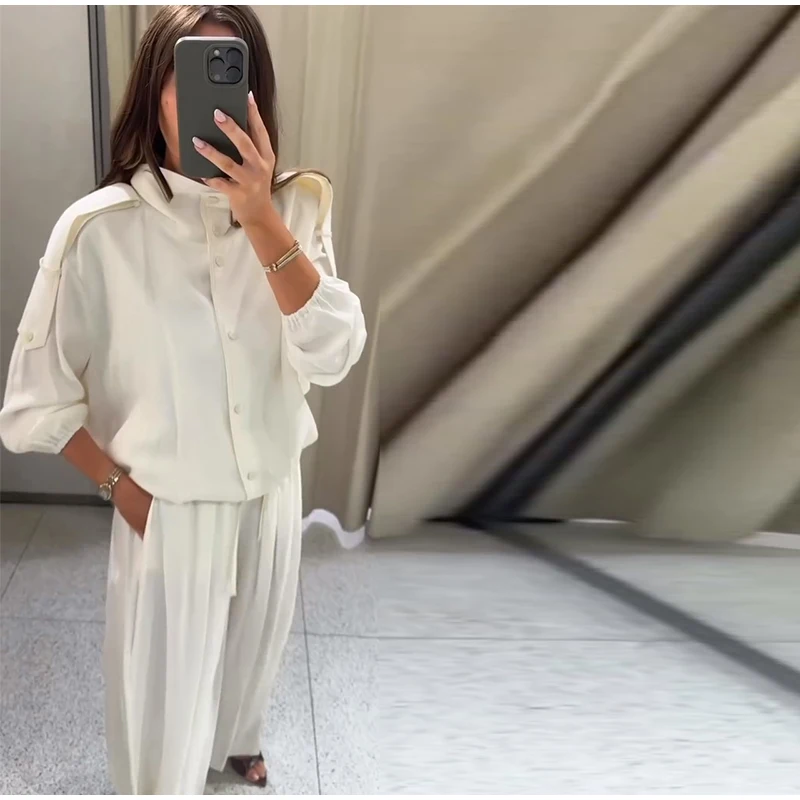 Solid Single Breasted Jacket Suit Loose Full Sleeve Lapel Jackets Wide Leg 2026 Spring New Chic Casual Women Loose All-match Set