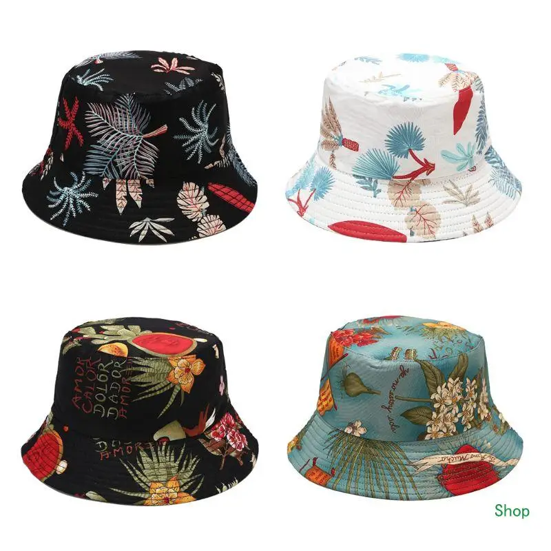 

Dropship Unisex Marine Aquatic Plants Printed Reversible Bucket Hat Colorful Leaves Floral Harajuku Wide Brim Double Sided