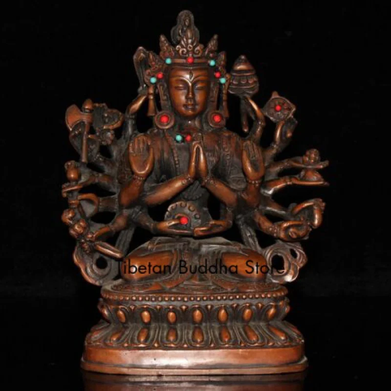 

Antique brass Red copper inlay Turquoise coral Thousand Hands Guanyin Statue