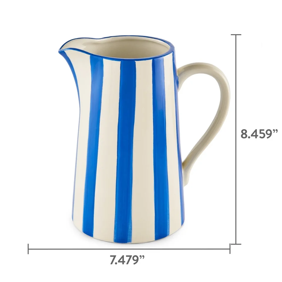Elegant Handcrafted Blue Stripe Ceramic Pitcher Vase